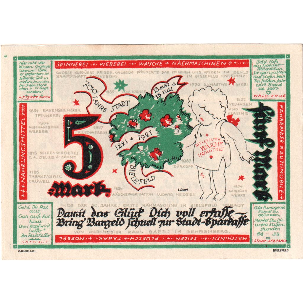 Germany, Bielefeld, 5 Mark, 1921-07-15, UNC(60-62)