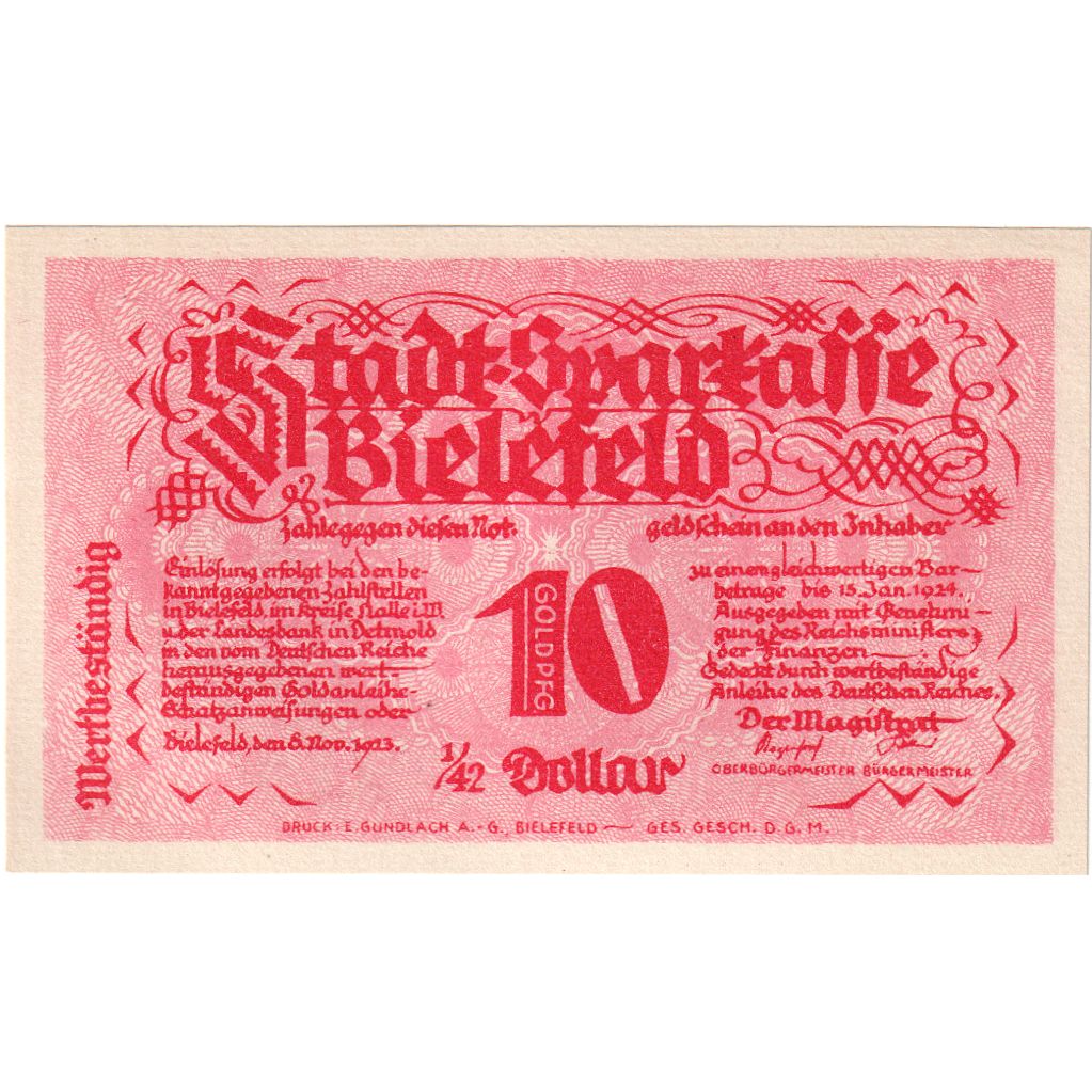 Alemania, Bielefeld, 10 Goldpfennig, 1923-11-08, SC, Grabowski:94