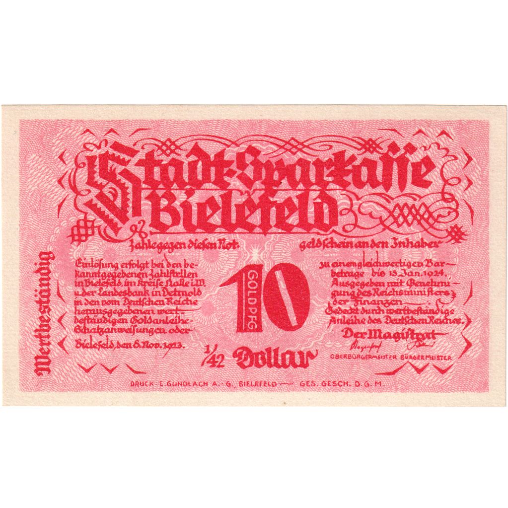 Germania, Bielefeld, 10 Goldpfennig, 1923-11-08, SPL, Grabowski:94
