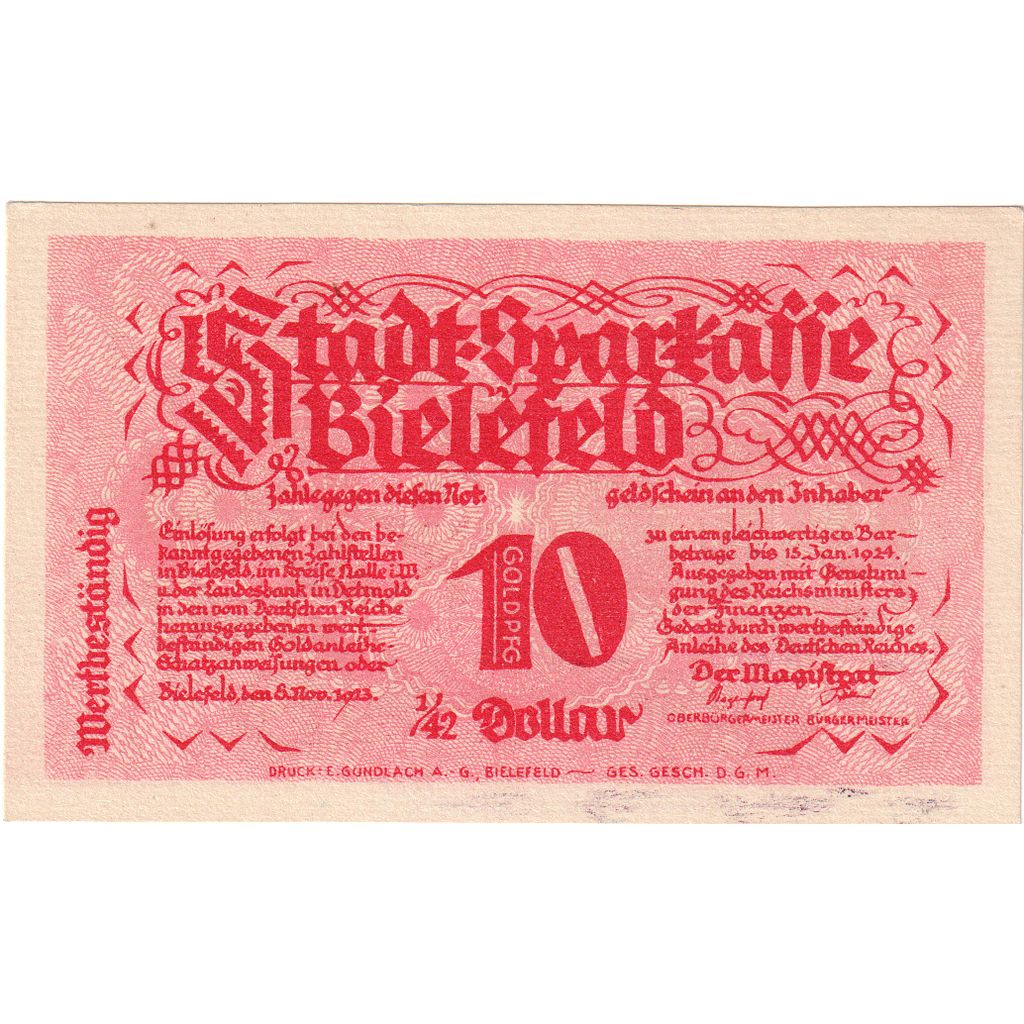 Germany, Bielefeld, 10 Goldpfenning, 1923-11-08, UNC(63), Grabowski:94