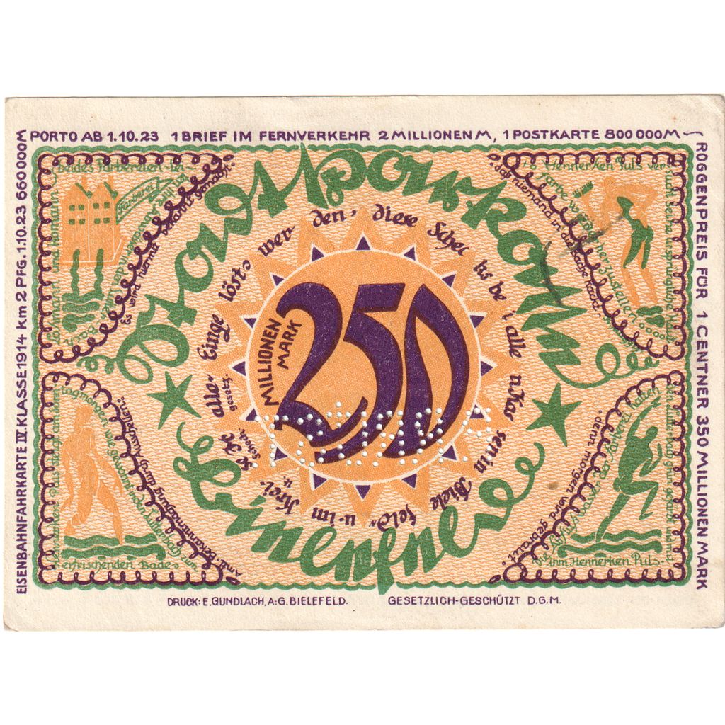 Niemcy, Bielefeld, 250 Millionen Mark, 1922-04-02, UNC(60-62)