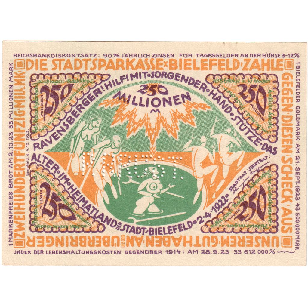 Germany, Bielefeld, 250 Millionen Mark, 1922-04-02, UNC(63)