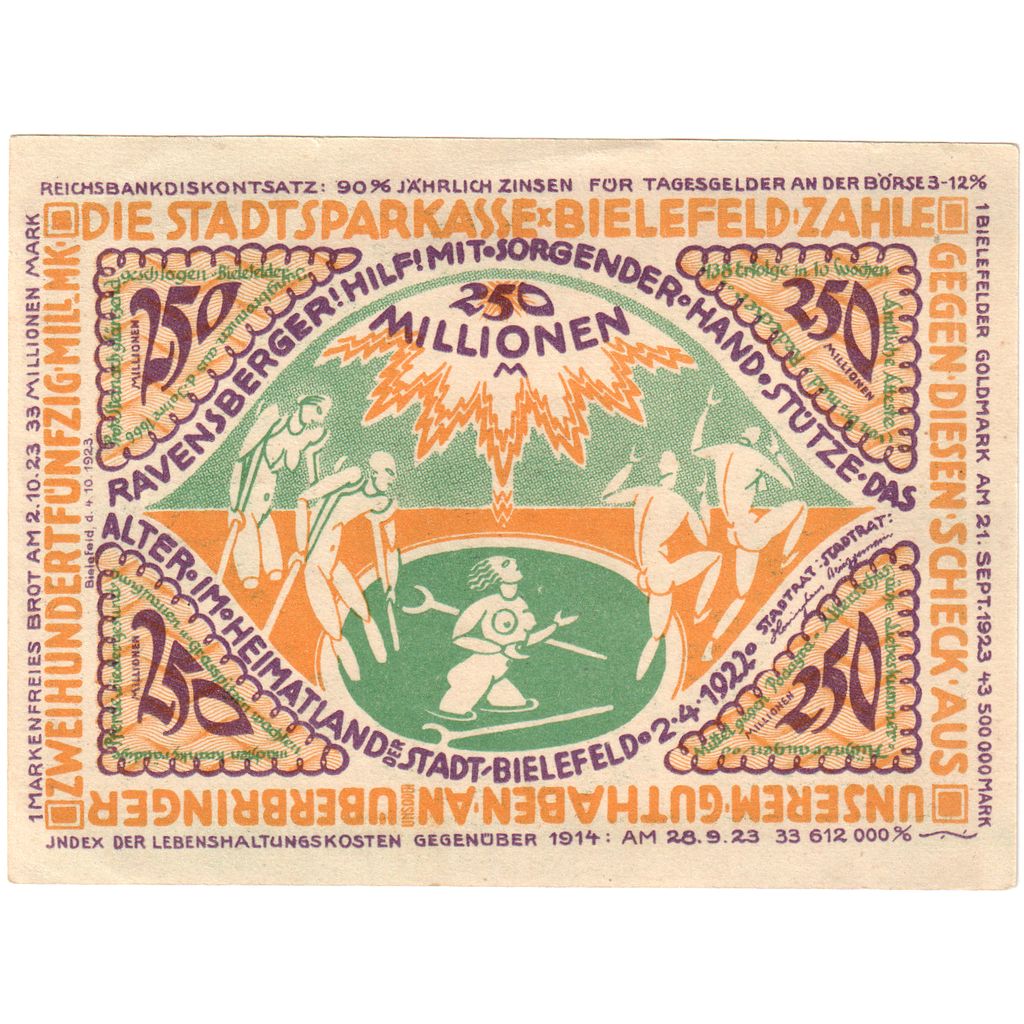 Niemcy, Bielefeld, 250 Millionen Mark, 1922-04-02, UNC(60-62)