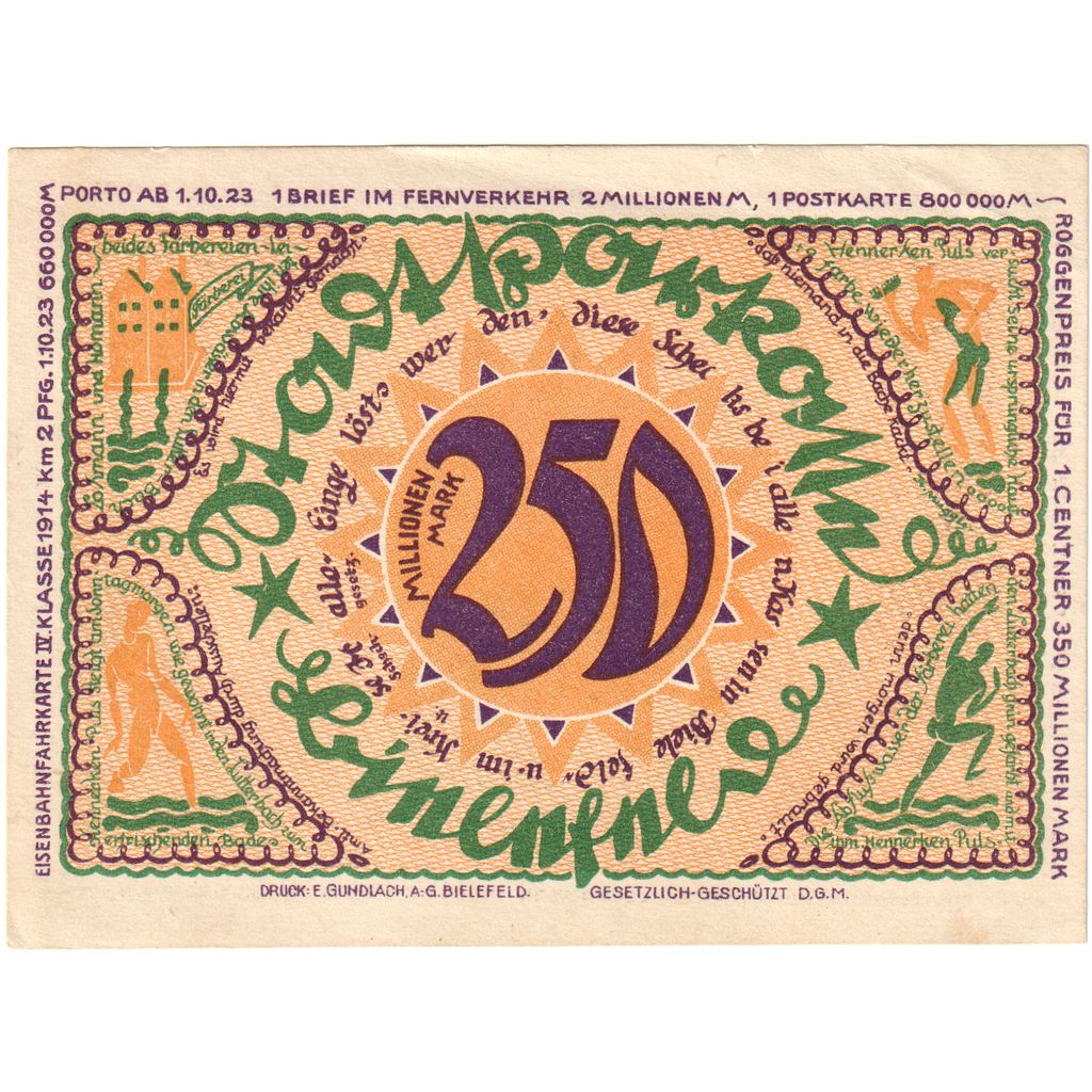 Niemcy, Bielefeld, 250 Millionen Mark, 1922-04-02, UNC(60-62)