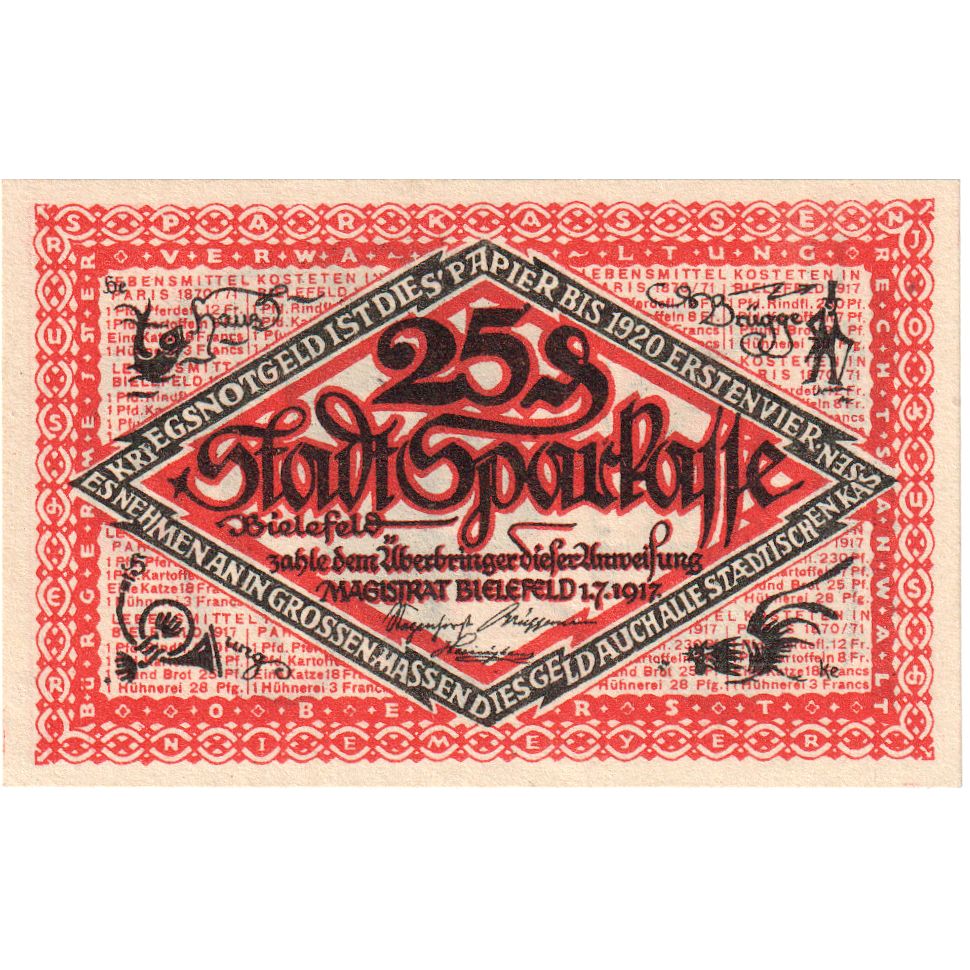 Germany, Bielefeld, 25 Pfennig, 1917-07-01, UNC(63), Grabowski:B44.9b