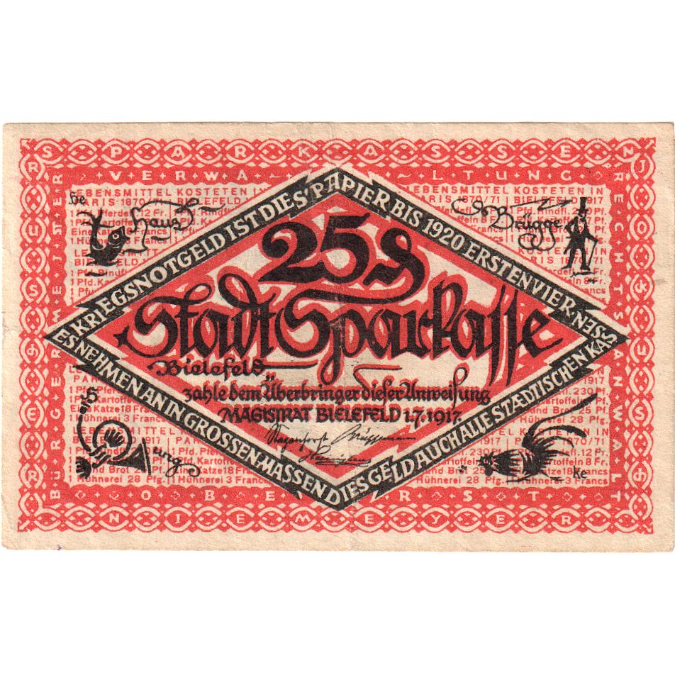 Germany, Bielefeld, 25 Pfennig, 1917-07-01, EF(40-45), Grabowski:B44.9b