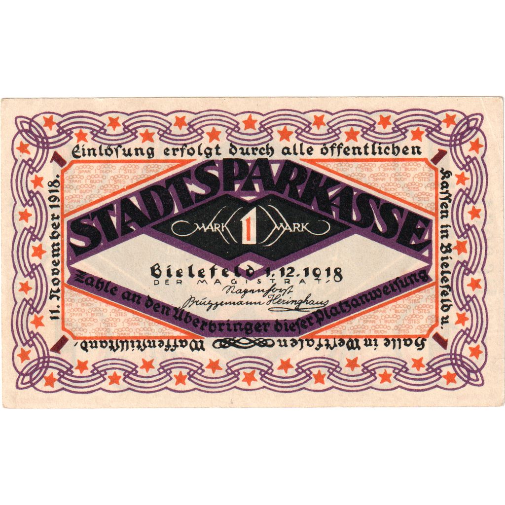 Germany, Bielefeld, 1 Mark, 1918-12-01, UNC(63)