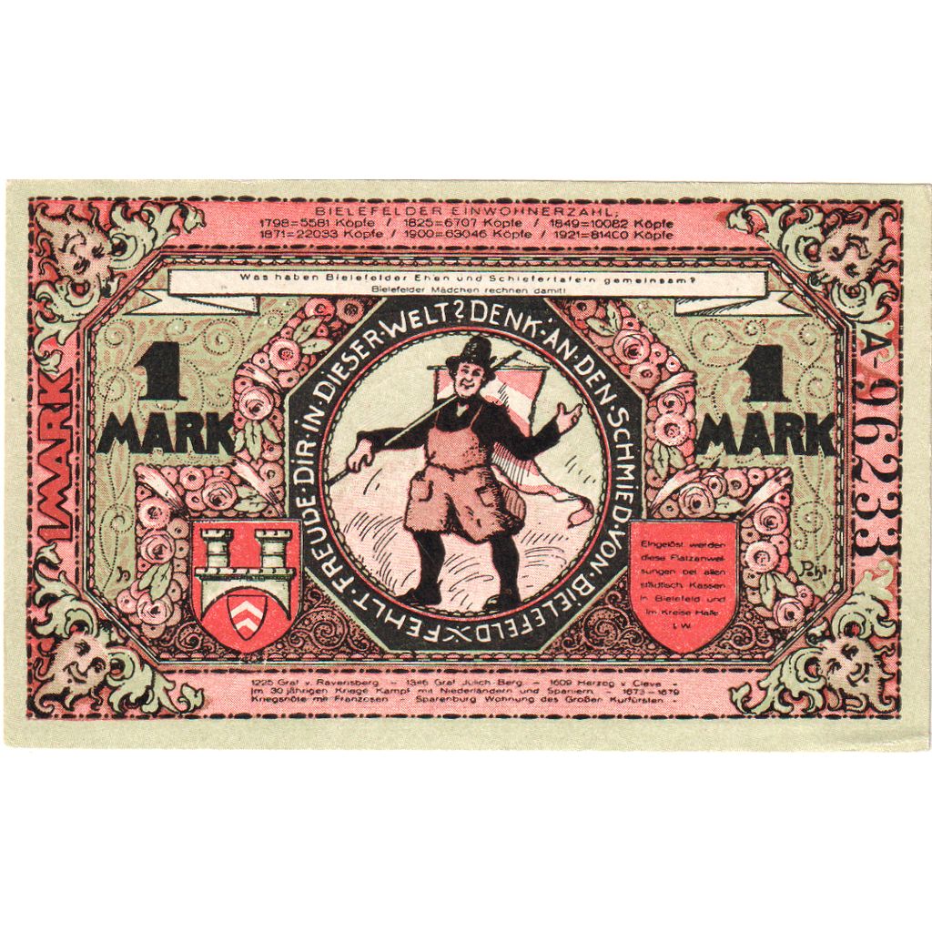 Deutschland, Bielefeld, 1 Mark, 1921-05-15, VZ, Grabowski:103.6b