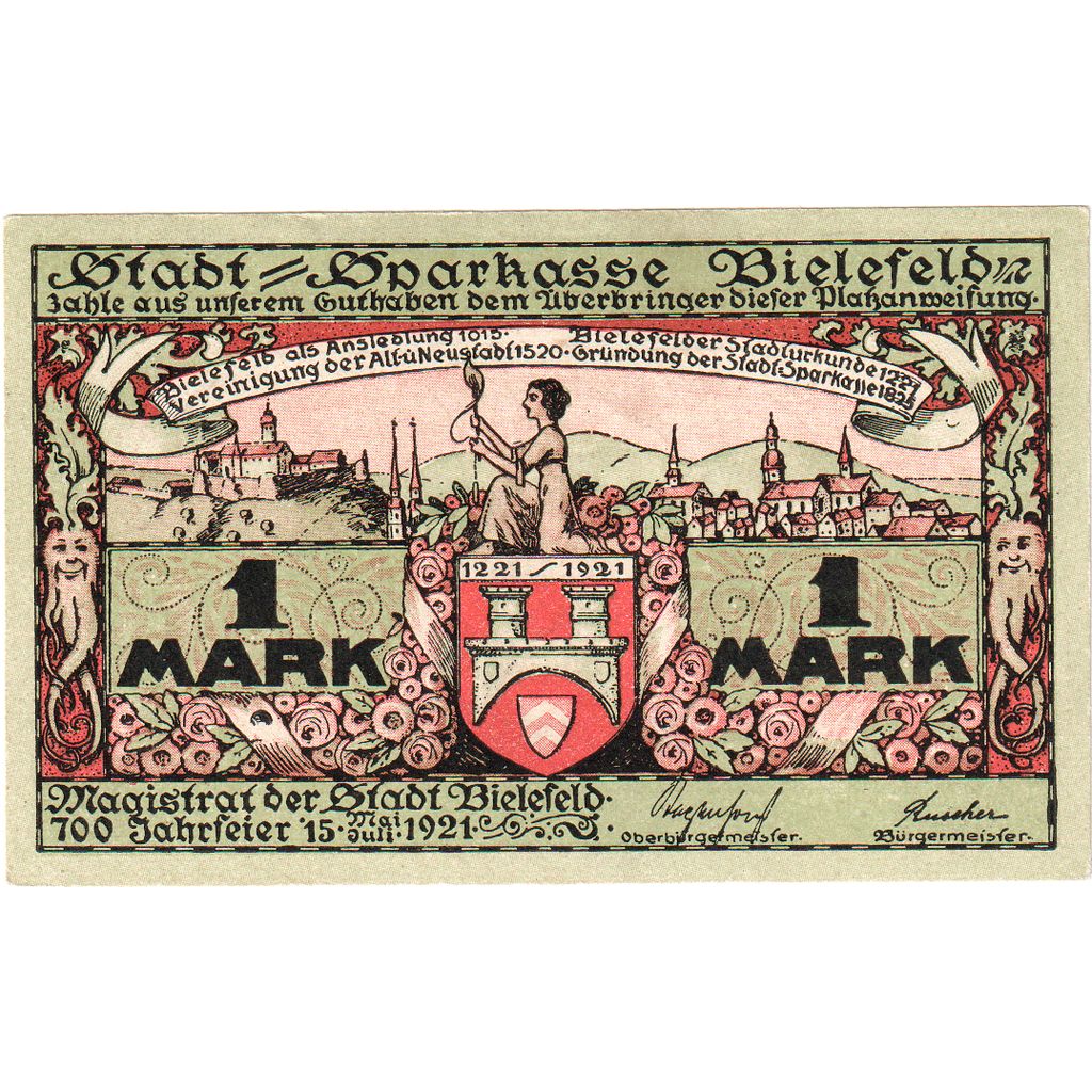 Germany, Bielefeld, 1 Mark, 1921-05-15, UNC(63), Grabowski:103.6b