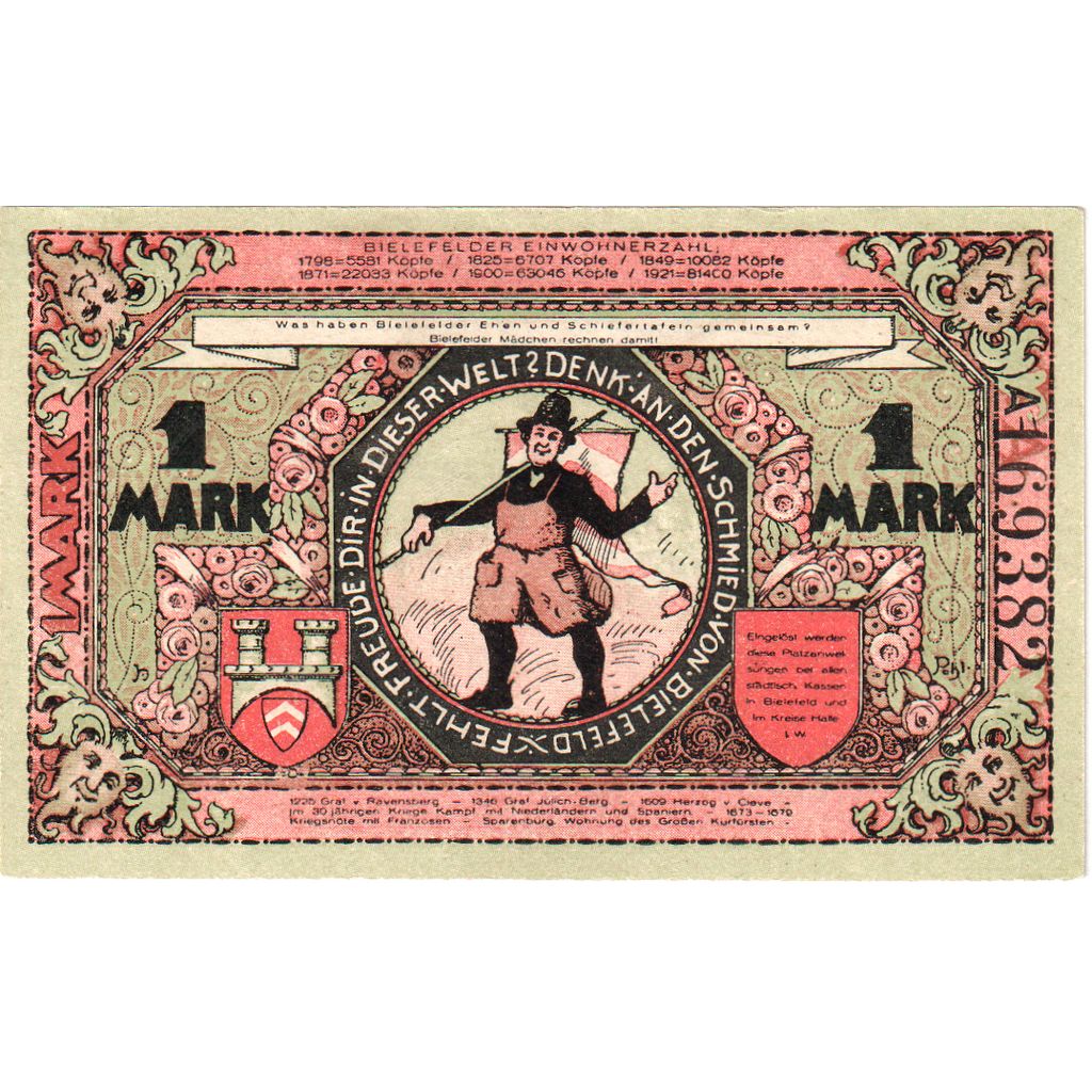 Germany, Bielefeld, 1 Mark, 1921-05-15, UNC(63), Grabowski:103.6b