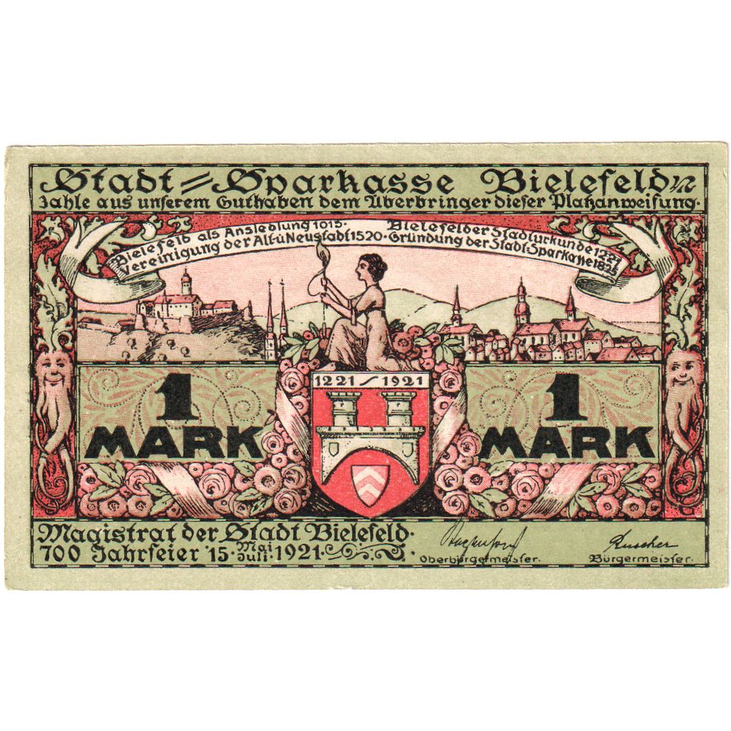 Germany, Bielefeld, 1 Mark, 1921-05-15, UNC(60-62), Grabowski:103.6b