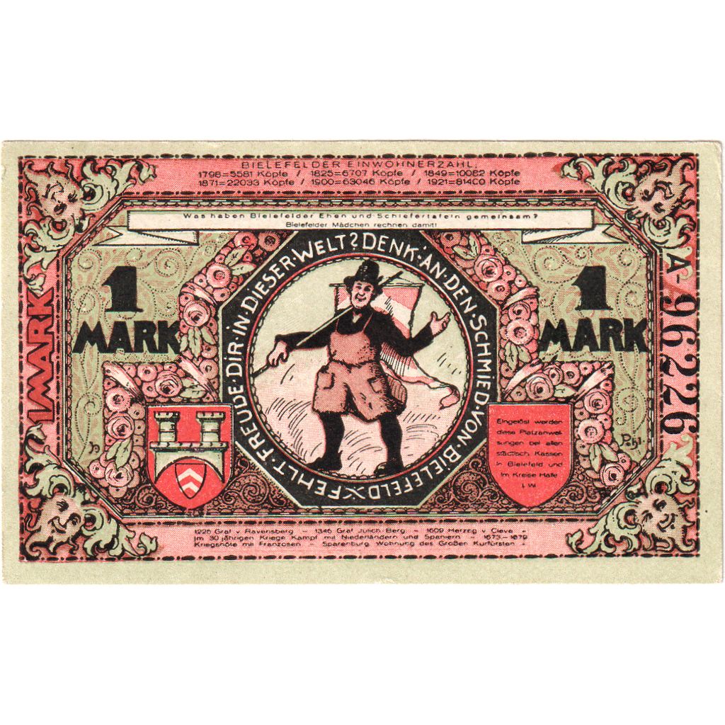 Germany, Bielefeld, 1 Mark, 1921-05-15, UNC(60-62), Grabowski:103.6b
