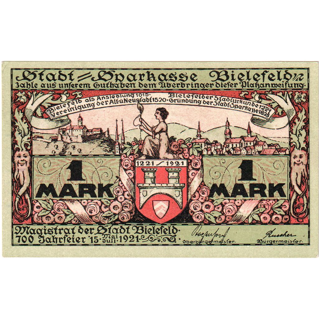 Germany, Bielefeld, 1 Mark, 1921-05-15, UNC(63), Grabowski:103.6b