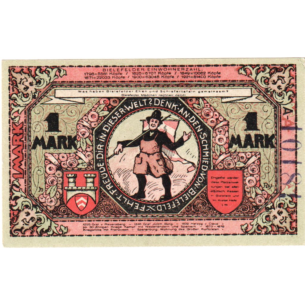 Germany, Bielefeld, 1 Mark, 1921-05-15, UNC(63), Grabowski:103.6b