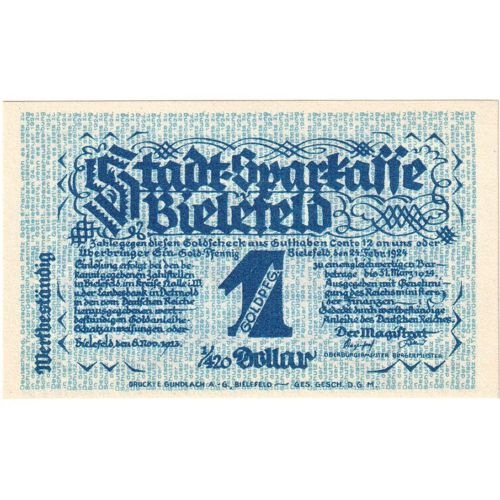 Germany, Bielefeld, 1 Goldpfennig, 1923-11-08, UNC(63), Grabowski:92
