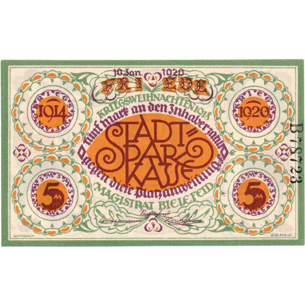 Germany, Bielefeld, 5 Mark, 1920-01-10, UNC(63), Grabowski:103.4