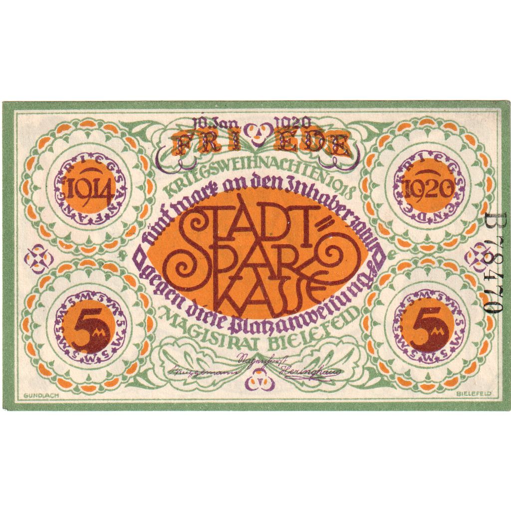 Germany, Bielefeld, 5 Mark, 1920-01-10, UNC(63), Grabowski:103.4