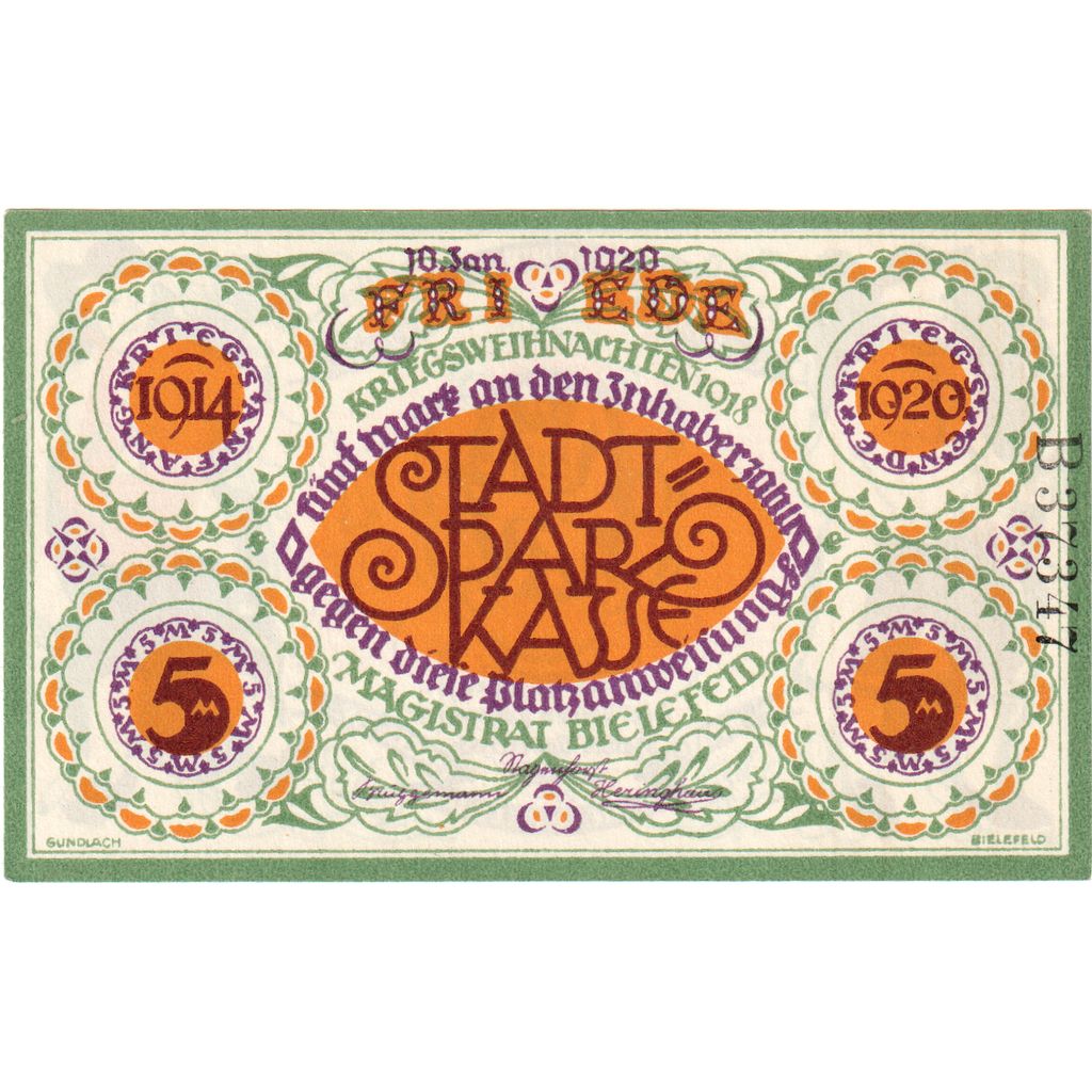 Germania, Bielefeld, 5 Mark, 1920-01-10, SPL, Grabowski:103.4