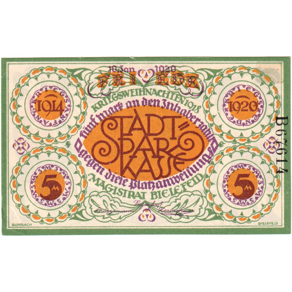 Germany, Bielefeld, 5 Mark, 1920-01-10, AU(55-58), Grabowski:103.4