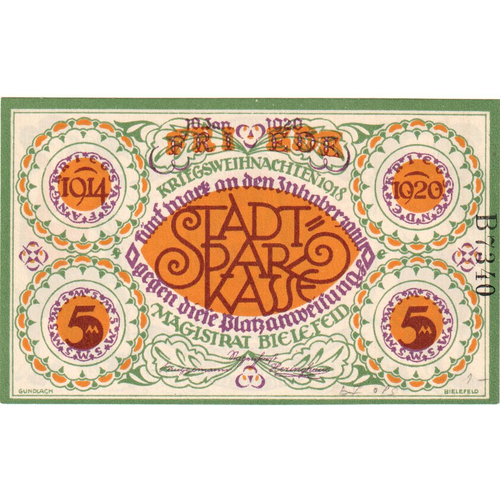 Germany, Bielefeld, 5 Mark, 1920-01-10, UNC(63), Grabowski:103.4