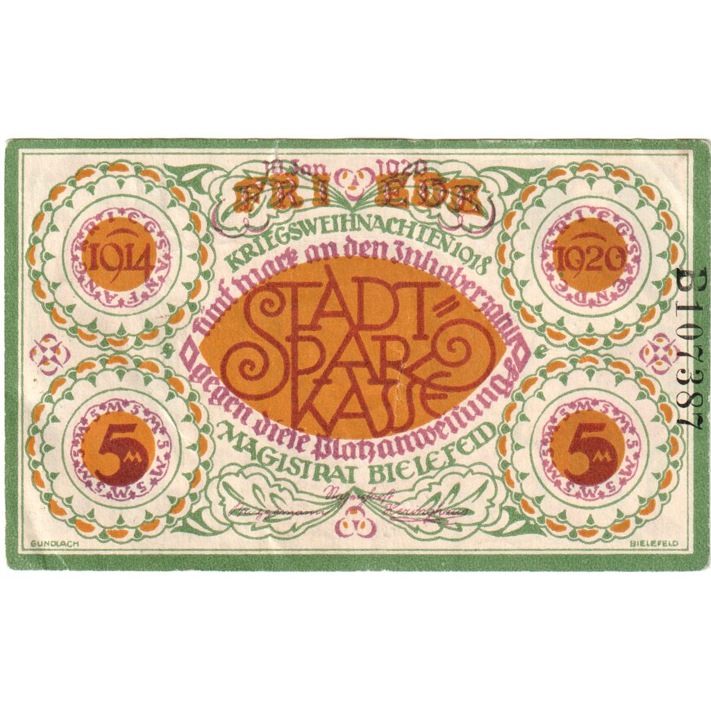 Germany, Bielefeld, 5 Mark, 1920-01-10, VF(20-25), Grabowski:103.4