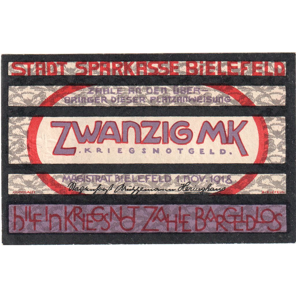 Germany, Bielefeld, 20 Mark, 1918-11-01, UNC(63)