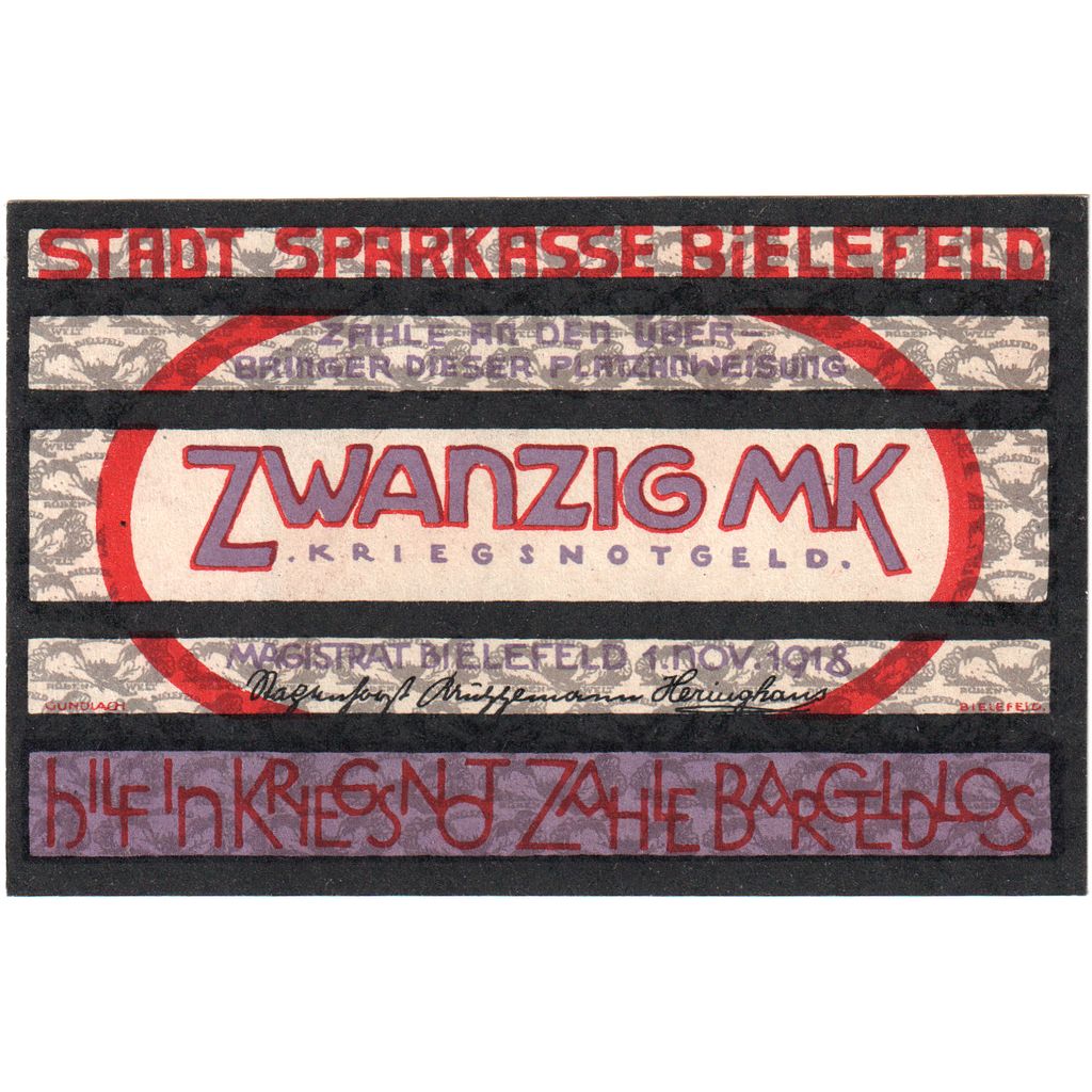 Germany, Bielefeld, 20 Mark, 1918-11-01, UNC(63)