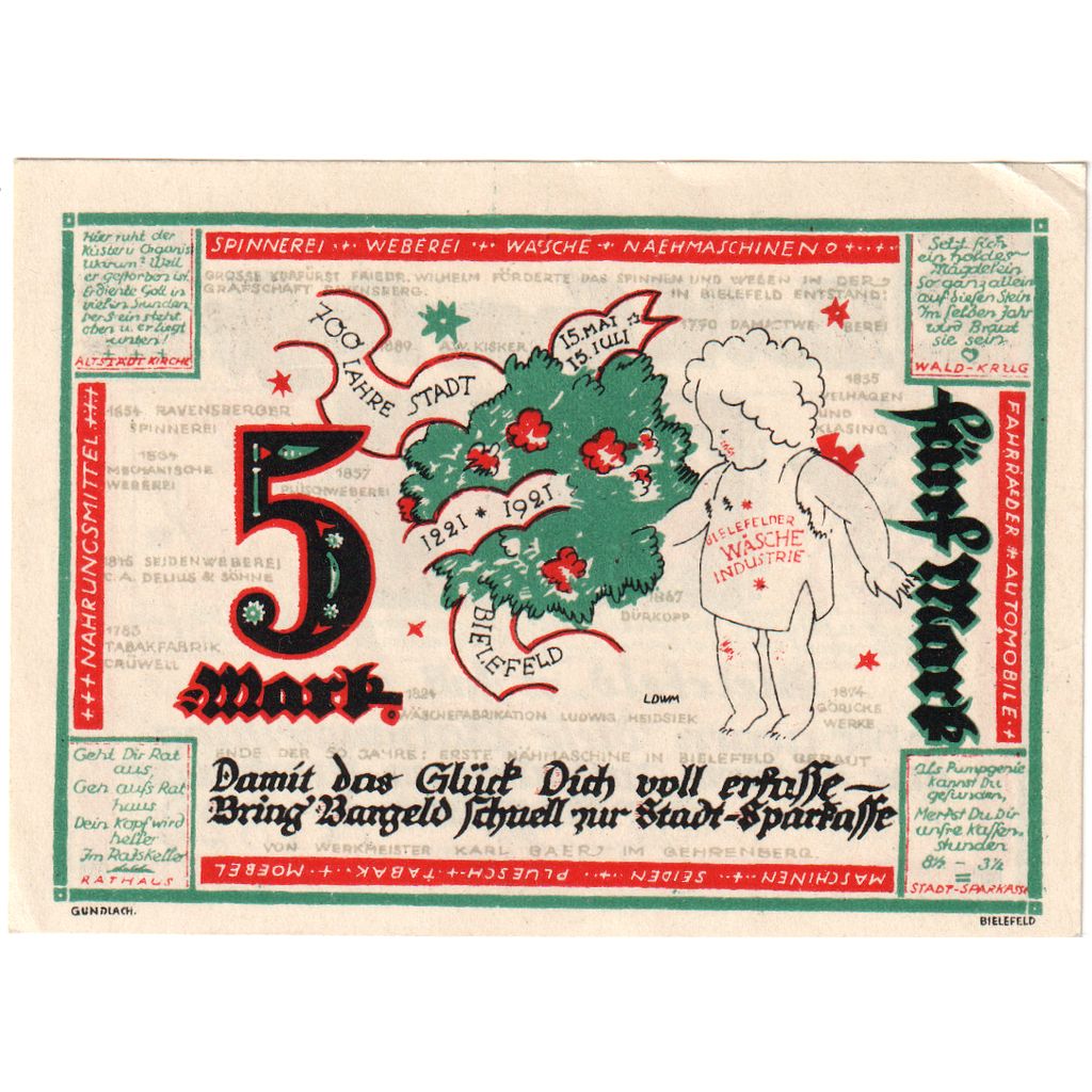 Niemcy, Bielefeld, 5 Mark, 1921-07-15, UNC(63), Grabowski:103.12