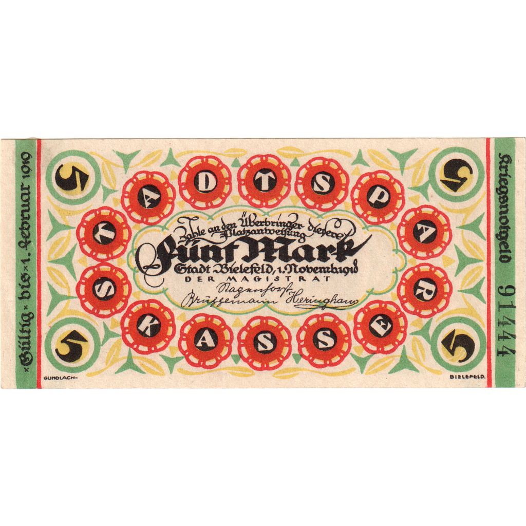 Germany, Bielefeld, 5 Mark, 1918-11-01, AU(55-58)