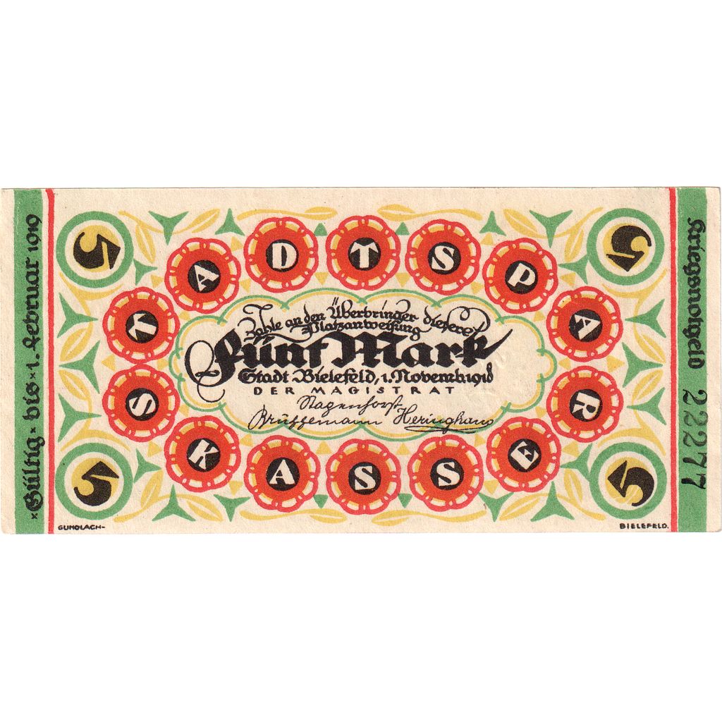 Niemcy, Bielefeld, 5 Mark, 1918-11-01, UNC(63)