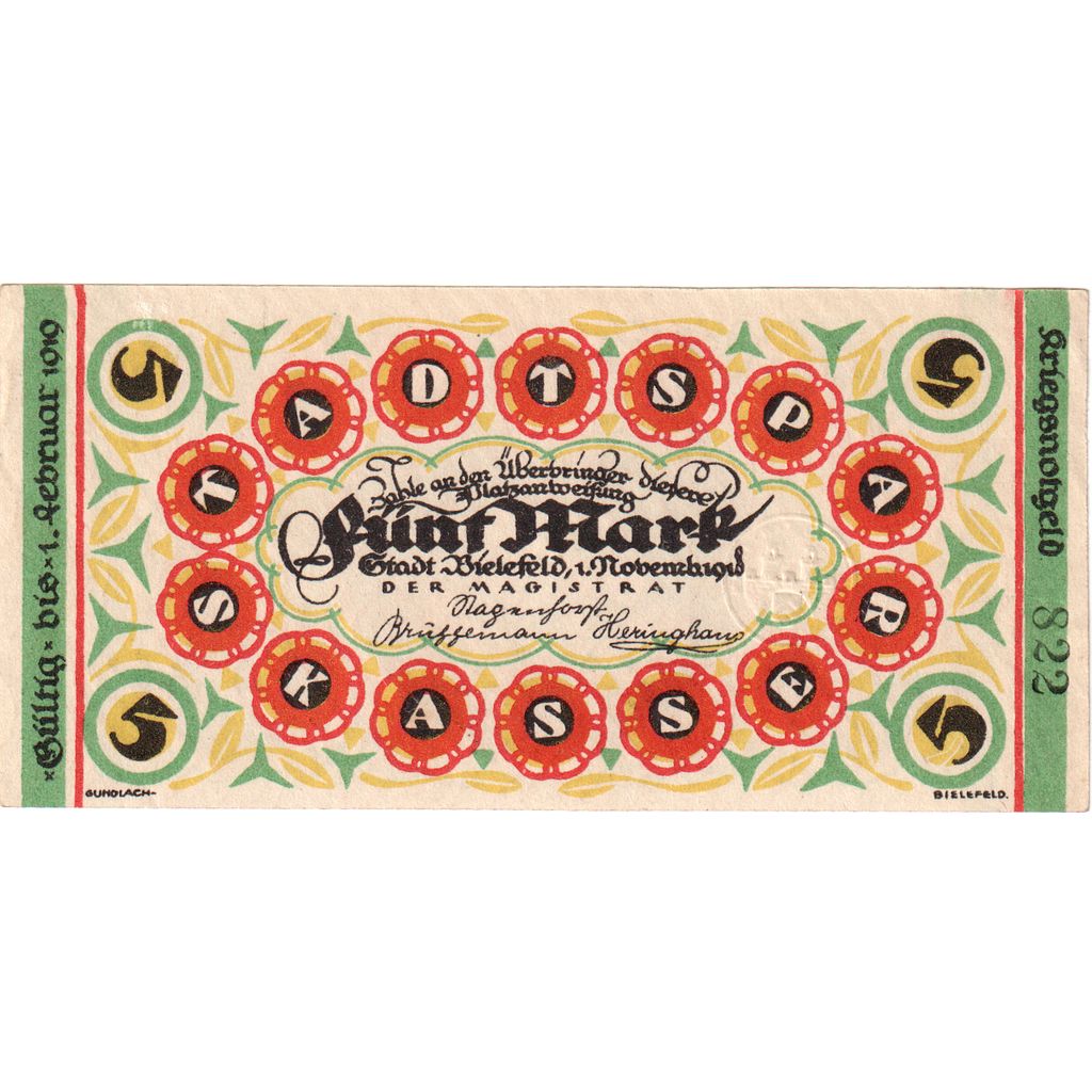 Germany, Bielefeld, 5 Mark, 1918-11-01, UNC(63)