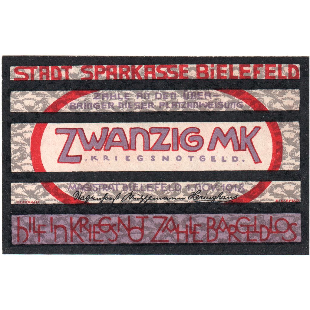 Alemanha, Bielefeld, 20 Mark, 1918-11-01, UNC(63)