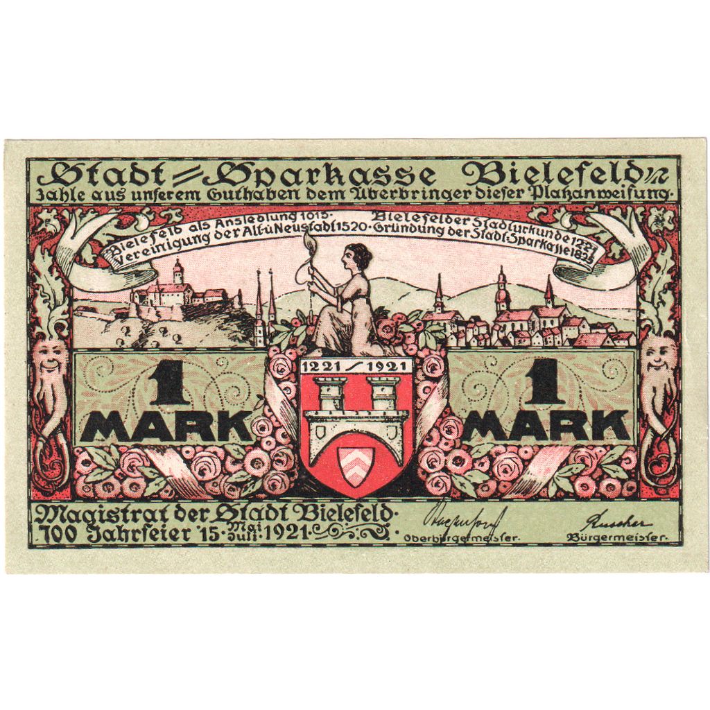 Alemanha, Bielefeld, 1 Mark, 1921-05-15, UNC(63), Grabowski:103.6b