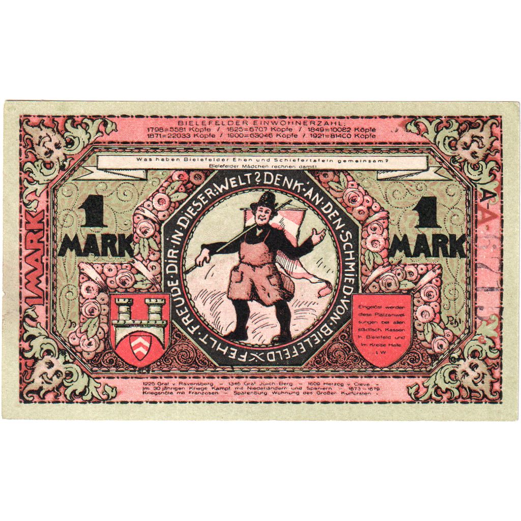 Alemanha, Bielefeld, 1 Mark, 1921-05-15, UNC(63), Grabowski:103.6b