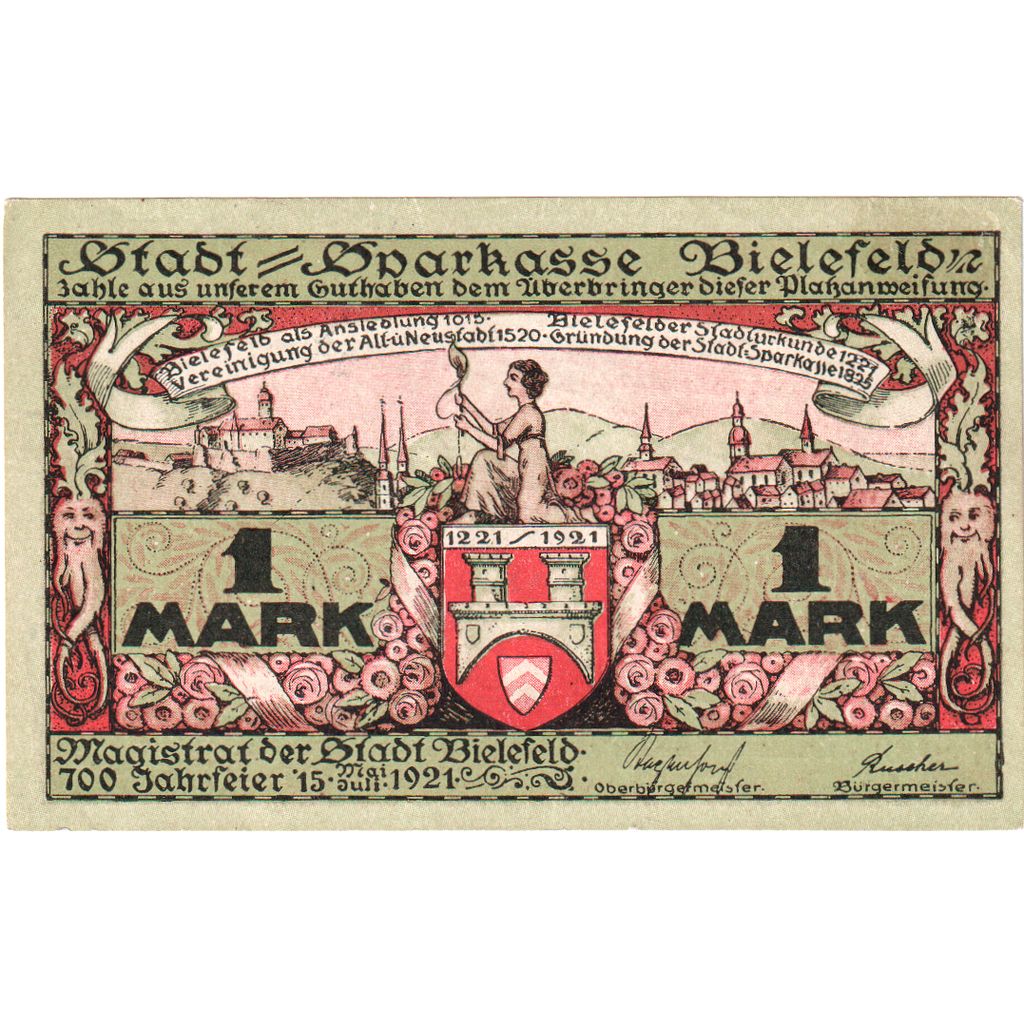 Alemania, Bielefeld, 1 Mark, 1921-05-15, EBC, Grabowski:103.6b