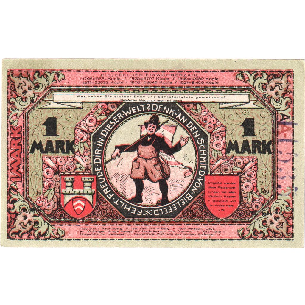 Alemania, Bielefeld, 1 Mark, 1921-05-15, EBC, Grabowski:103.6b