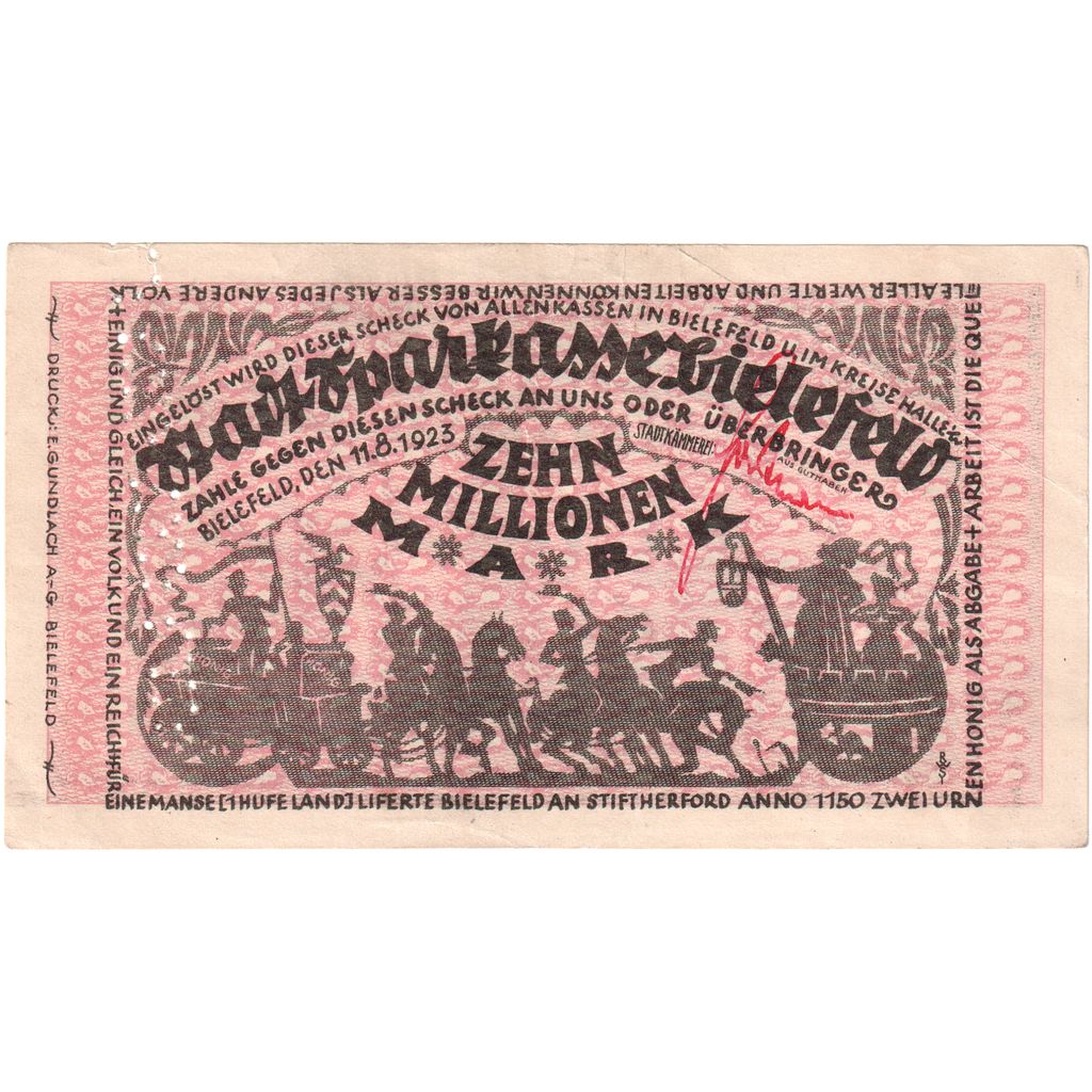 Duitsland, Bielefeld, 10 Millionen Mark, 1923-08-11, TTB+