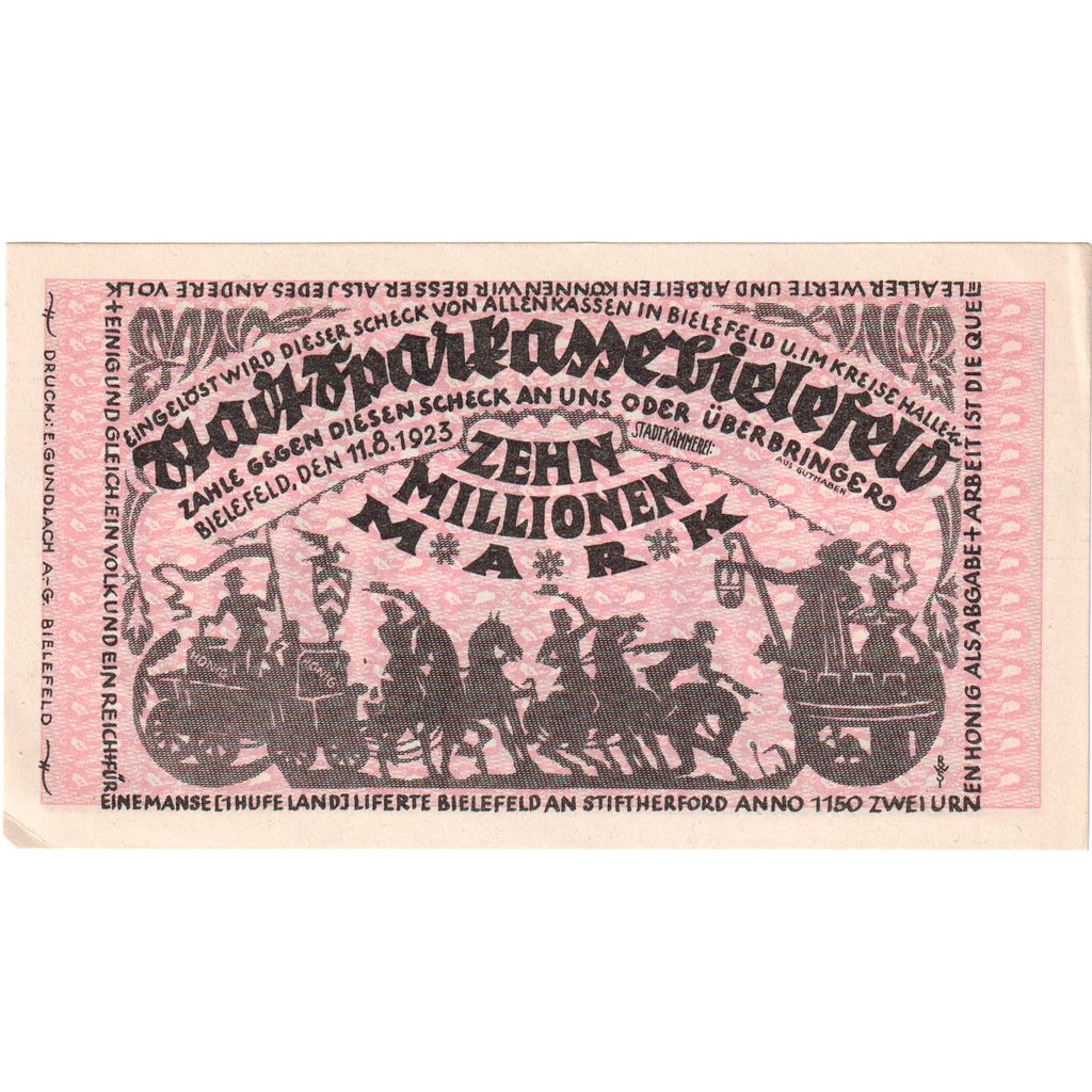 Alemanha, Bielefeld, 10 Millionen Mark, 1923-08-11, UNC(60-62)
