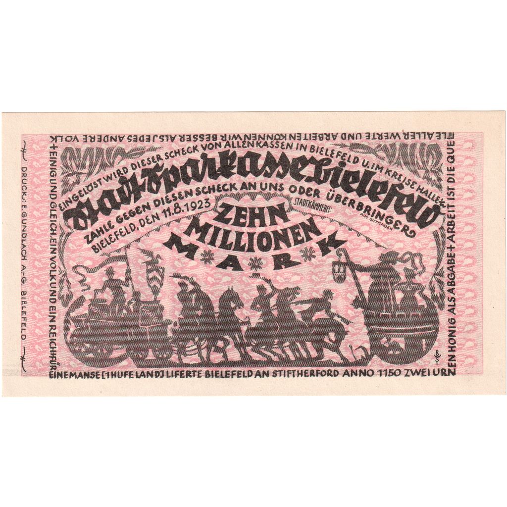 Alemanha, Bielefeld, 10 Millionen Mark, 1923-08-11, UNC(63)
