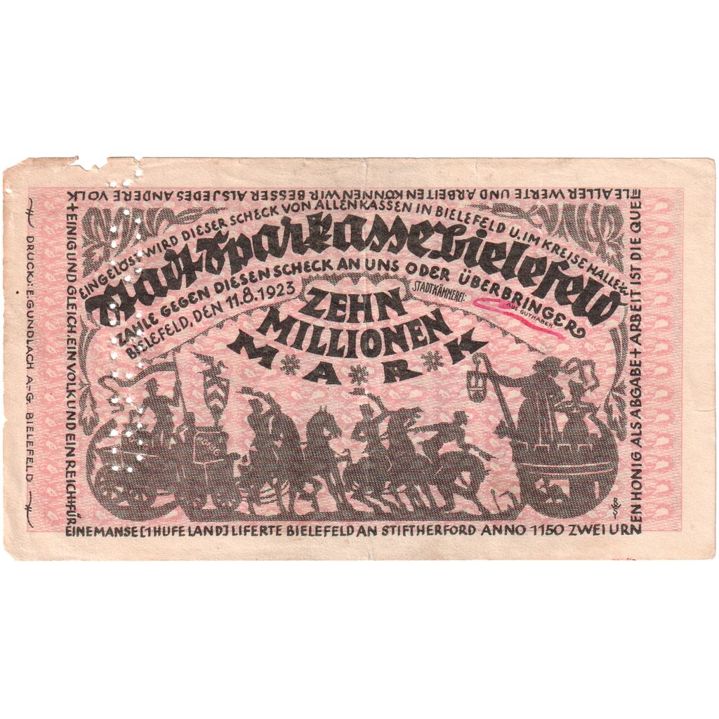 Duitsland, Bielefeld, 10 Millionen Mark, 1923-08-11, TB
