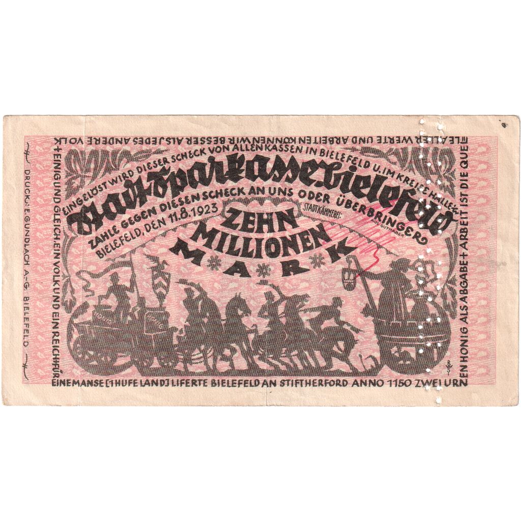 Alemanha, Bielefeld, 10 Millionen Mark, 1923-08-11, VF(30-35)