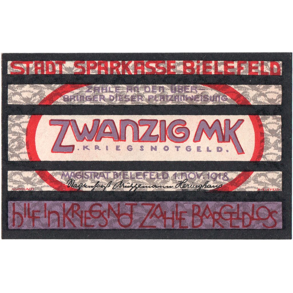 Alemanha, Bielefeld, 20 Mark, 1918-11-01, UNC(63)