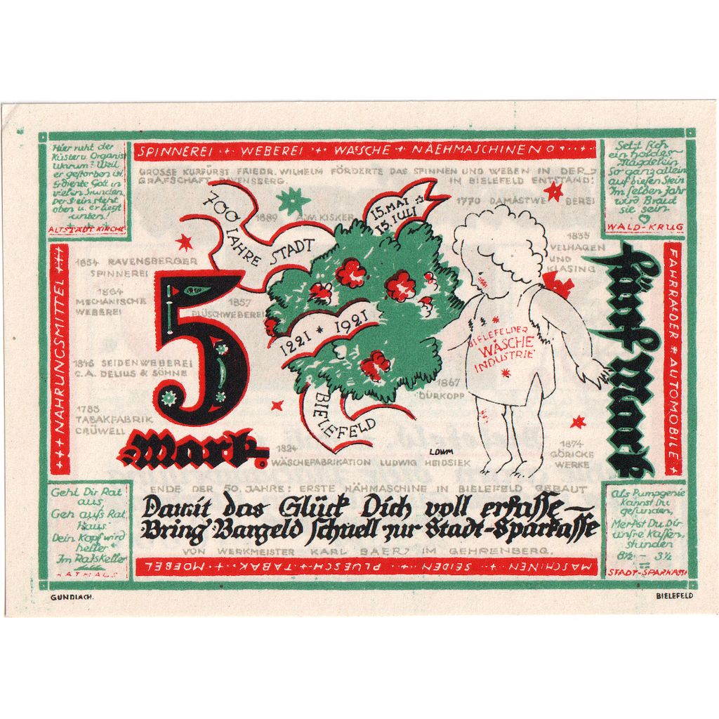 Germany, Bielefeld, 5 Mark, 1921-07-15, UNC(63)