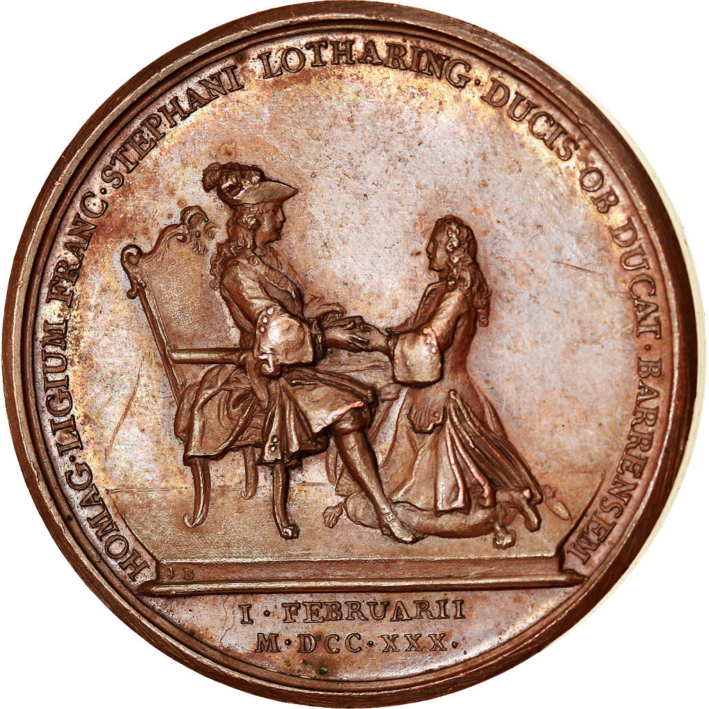 França, medalha, Luís XV, Le Duc François III Rendant Hommage au Roi, 1730