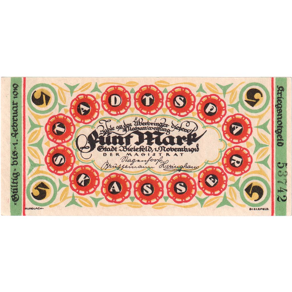 Germany, Bielefeld, 5 Mark, 1919-02-01, UNC(63)
