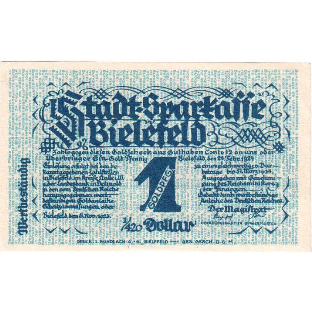 Deutschland, Bielefeld, 1 Goldpfennig, 1923-11-08, VZ