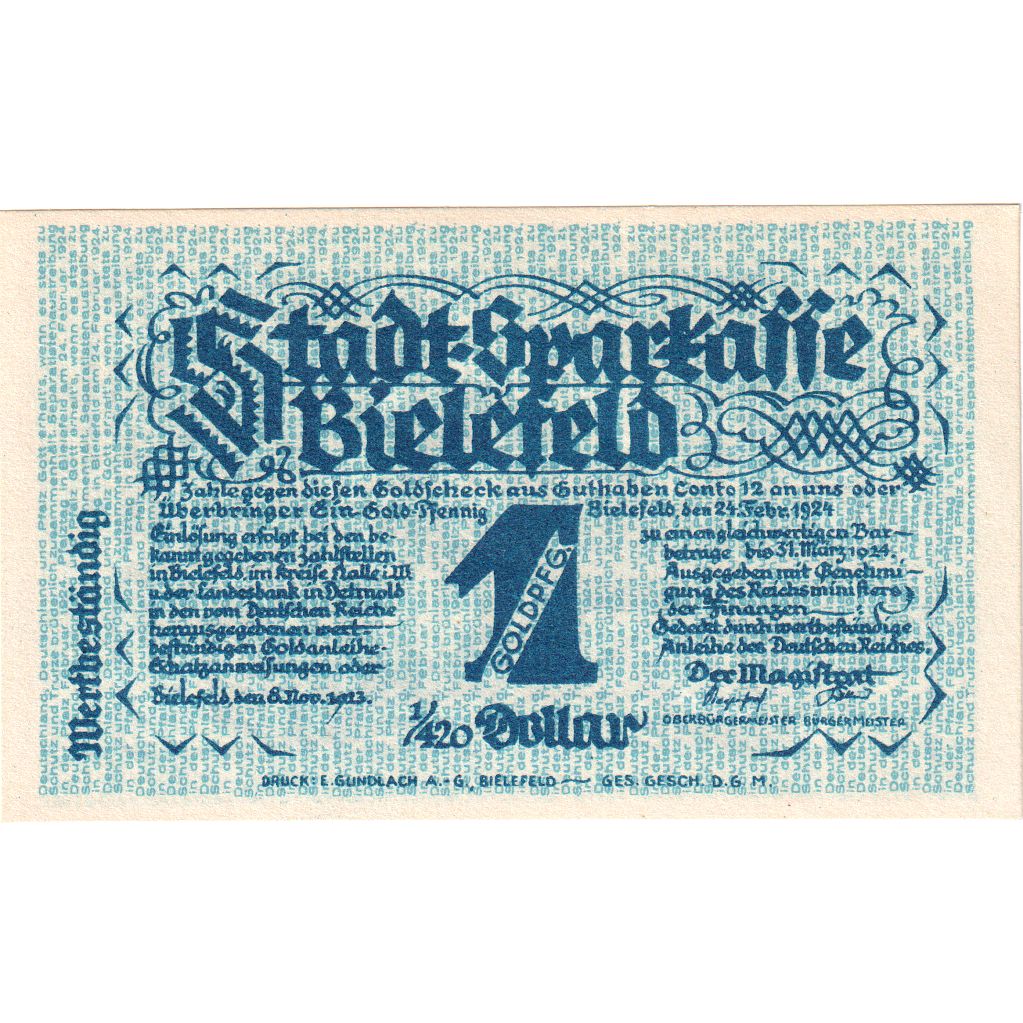 Deutschland, Bielefeld, 1 Goldpfennig, 1923-11-08, UNZ-