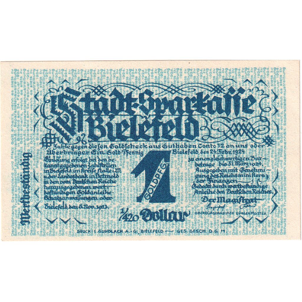 Germany, Bielefeld, 1 Goldpfennig, 1923-11-08, UNC(63)