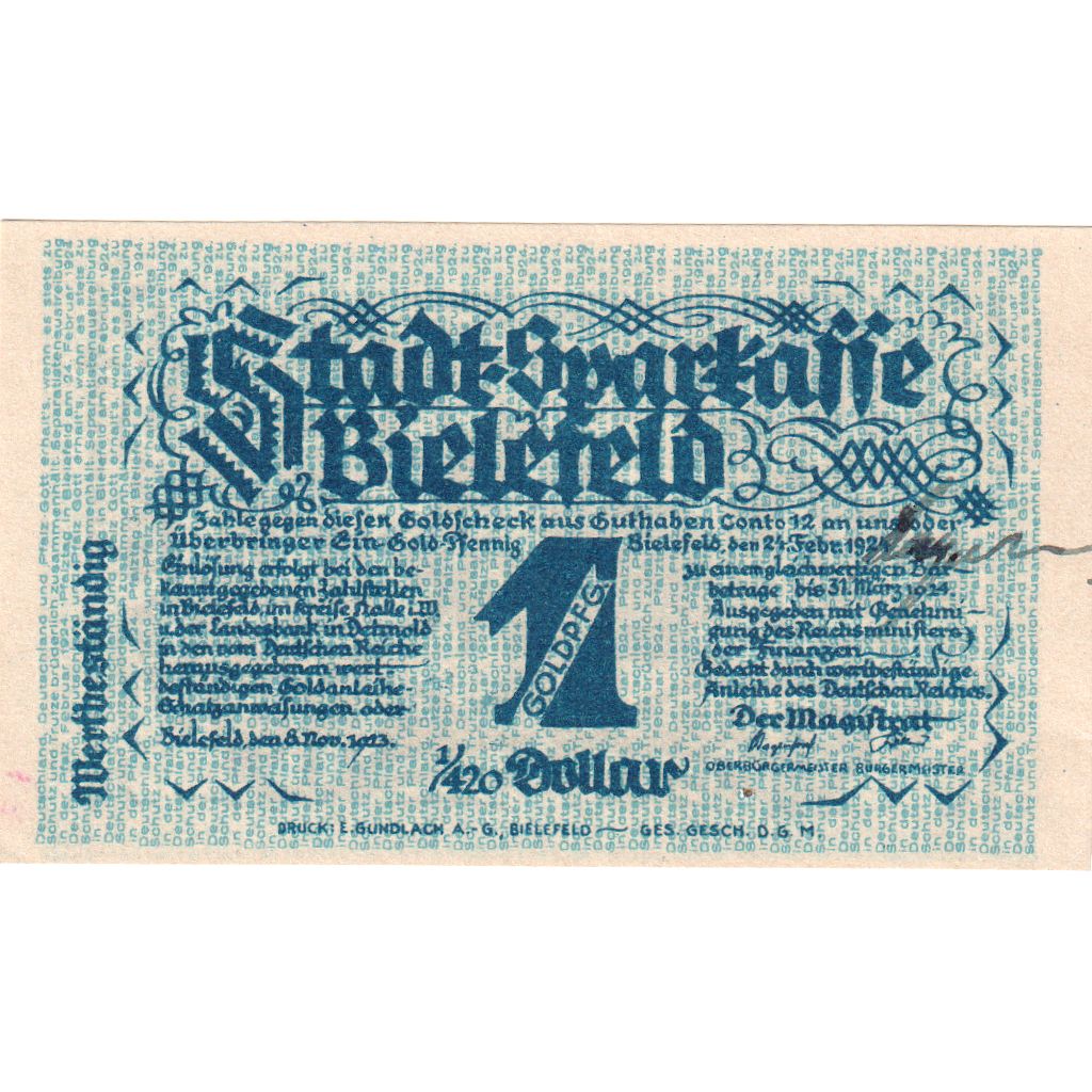 Germany, Bielefeld, 1 Goldpfennig, 1923-11-08, EF(40-45)