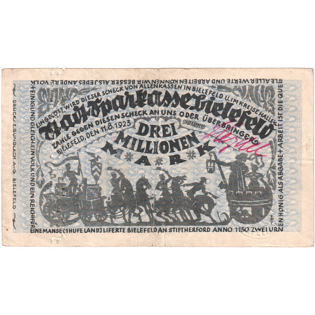 Duitsland, Bielefeld, 3 Millionen Mark, 1923-08-11, TB+